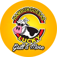 Logo de Hamburguesas Lucky: una vaca con goggles dentro de un anillo rojo